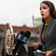 Representative Alexandria Ocasio Cortez speaks at a press conference at Corona Plaza in Queens on April 14, 2020 in New York City.